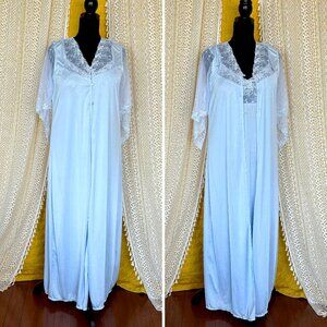 Vintage Baby Blue Satin & Lace Nightie & Robe Peignoir Set by Hot Lips Size M